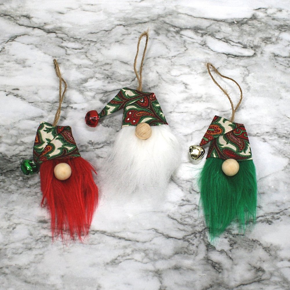 HAND CRAFTED Gnome Christmas Ornaments Set of 3 - White Paisley Print